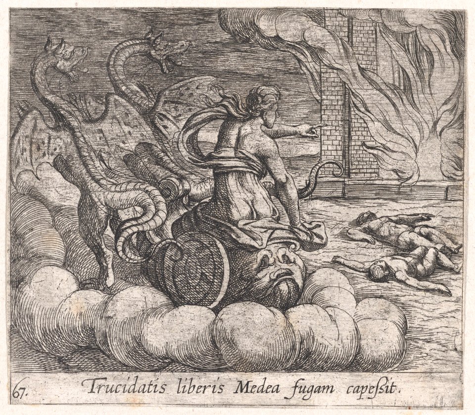 Plate 67- Medea Destroying Jason's Family and Home (Trucidatis liberis Medea fugam capeßit), from Ovid's 'Metamorphoses' MET DP866514