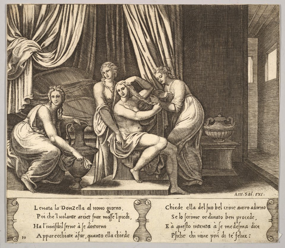 Plate 10- nymphs assisting Psyche to dress her hair, from 'The Fable of Psyche' MET DP824487