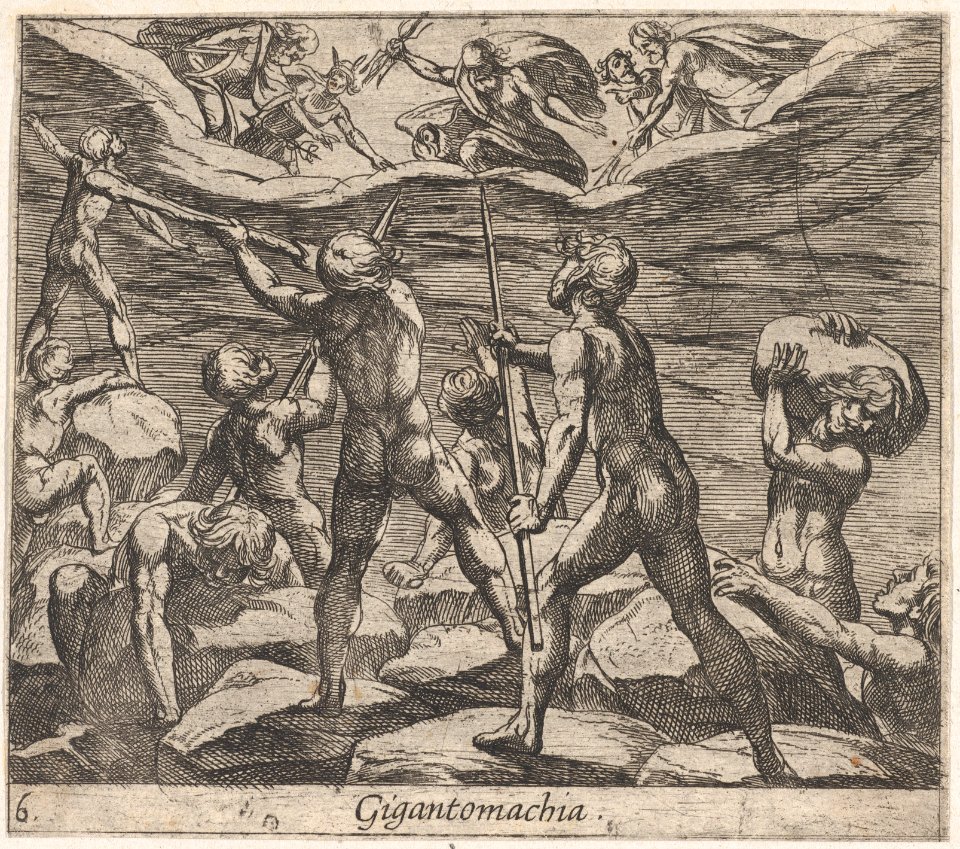 Plate 6- The Giants Attempting to Storm Olympus (Gigantomachia), from Ovid's 'Metamorphoses' MET DP857439