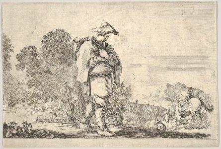 Plate 11- a peasant wearing a hat at center, walking towards the right, a horse descending a mountain to right in the background, trees to left in the background, from 'Twelve Landscapes' (Suite de douze paysages) MET DP831104