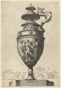 Plate 10- Lidded Vase With a Handle in the Shape of a Griffin and A Frieze With Draped Dancing Figures, from Antique Vases (Vasa a Polydoro Caravagino’) MET DP837059