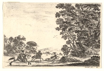 Plate 4- a deer hunt, two horsemen galloping towards the left behind three dogs and a deer, a group of trees to right, from 'Various Figures' (Agréable diversité de figures) MET DP833193