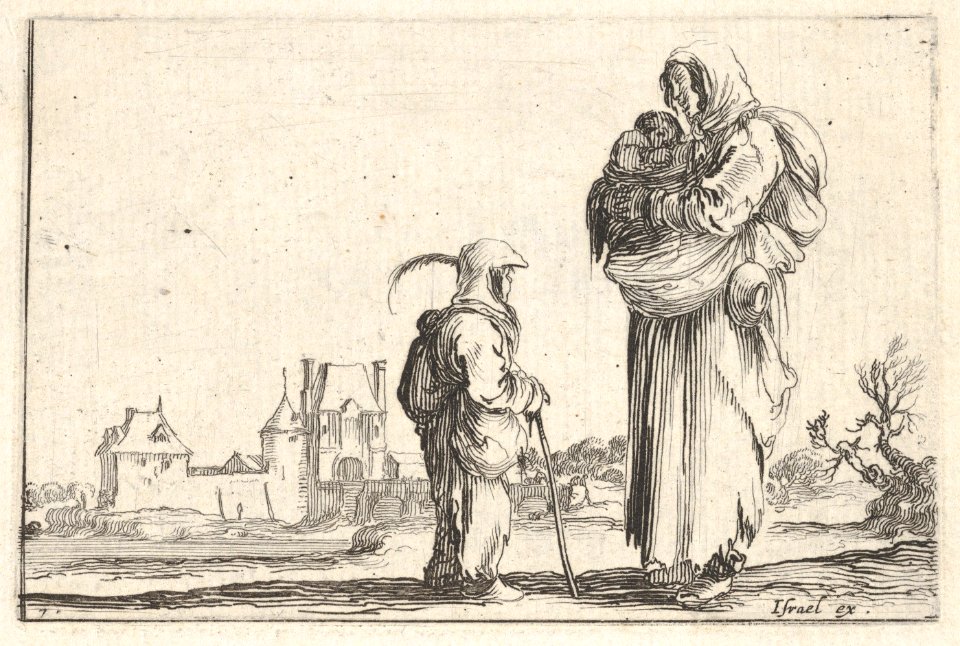 Plate 7- a peasant woman carrying a child to right, speaking to another child standing facing right in center, a castle to left in the background, from 'Caprice faict par de la Bella' MET DP831113