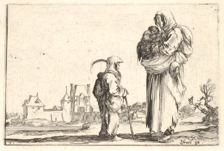 Plate 7- a peasant woman carrying a child to right, speaking to another child standing facing right in center, a castle to left in the background, from 'Caprice faict par de la Bella' MET DP831113