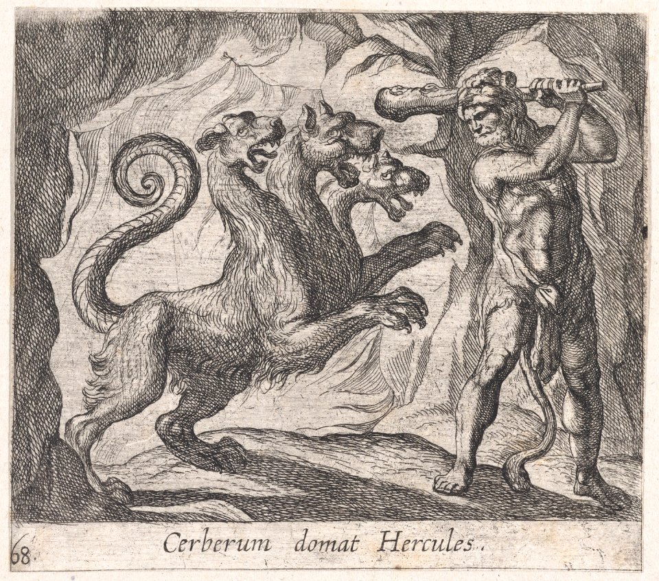 Plate 68- Hercules and Cerberus (Cerberum domat Hercules), from Ovid's 'Metamorphoses' MET DP866515