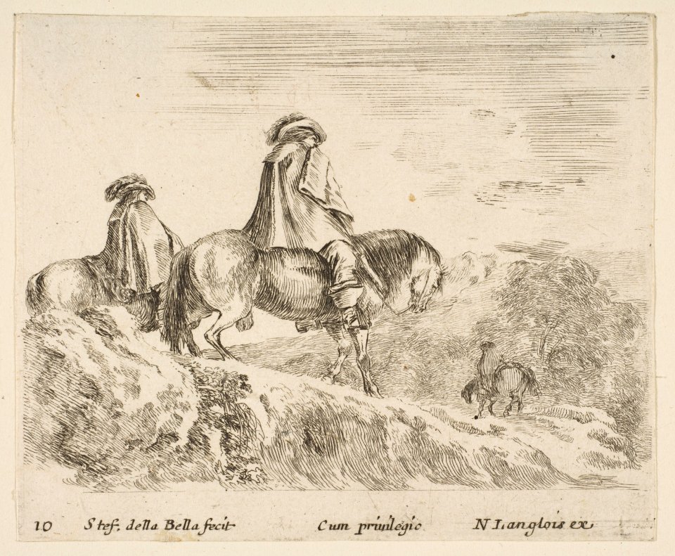 Plate 10- two horsemen descending a mountain at left, another horseman to right in background, from 'Diversi capricci' MET DP817412