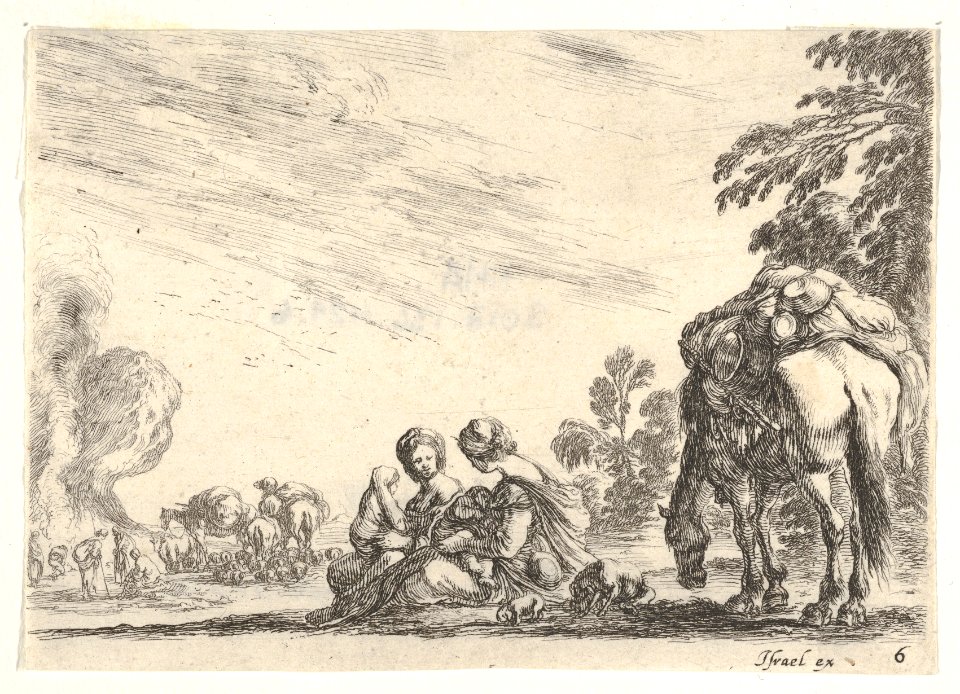 Plate 6- two women, one nursing a child, seated next to a dog and a horse carrying a pack, horses and figures to left in the background, from 'Various Figures' (Agréable diversité de figures) MET DP833195