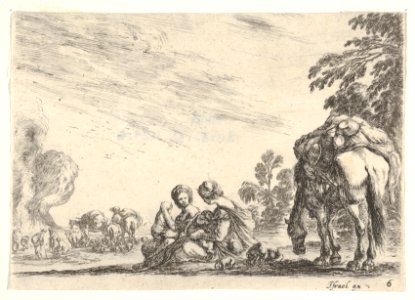 Plate 6- two women, one nursing a child, seated next to a dog and a horse carrying a pack, horses and figures to left in the background, from 'Various Figures' (Agréable diversité de figures) MET DP833195