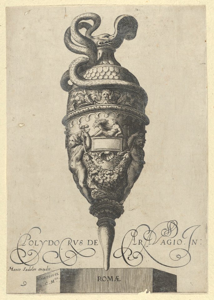 Plate 9- Vase or Ewer with a Serpent Handle and Two Putti holding up a Garland, from Antique Vases (‘Vasa a Polydoro Caravagino’) MET DP837058