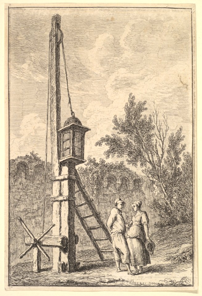 Plate 9- The Pulley- a man and a woman conversing to right, a lantern hung on a post to left, from 'Les soirées de Rome' MET DP829178