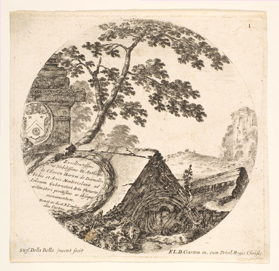 Plate 1- various fragments of ancient monuments, a round composition, from 'Roman landscapes and ruins' (Paysages et ruines de Rome) MET DP817977