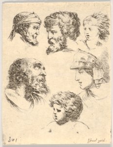 Plate 10- six heads, three bearded men, one soldier, and two children from 'The Book for Learning to Draw' (Livre pour apprendre à dessiner) MET DP831139