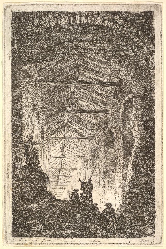 Plate 10- The Ancient Gallery- a large covered gallery, light entering from the background, six figures standing atop piles of rocks in the foreground, from 'Les soirées de Rome' MET DP829176