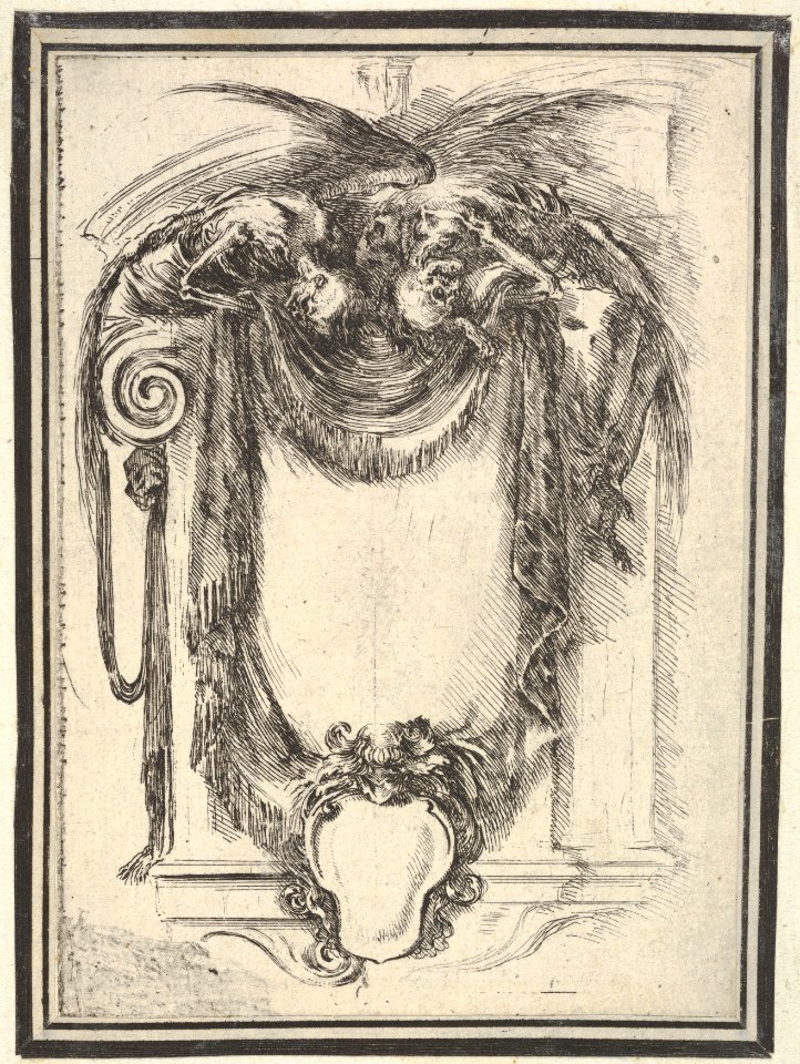 Plate 10- a cartouche formed by drapery and topped with two skeletons atop an Ionic entablature, from 'Nouvelles inventions de Cartouches' MET DP833502