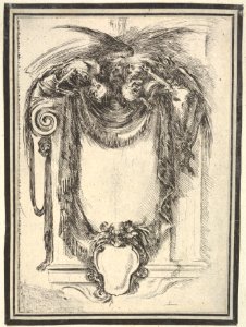 Plate 10- a cartouche formed by drapery and topped with two skeletons atop an Ionic entablature, from 'Nouvelles inventions de Cartouches' MET DP833502