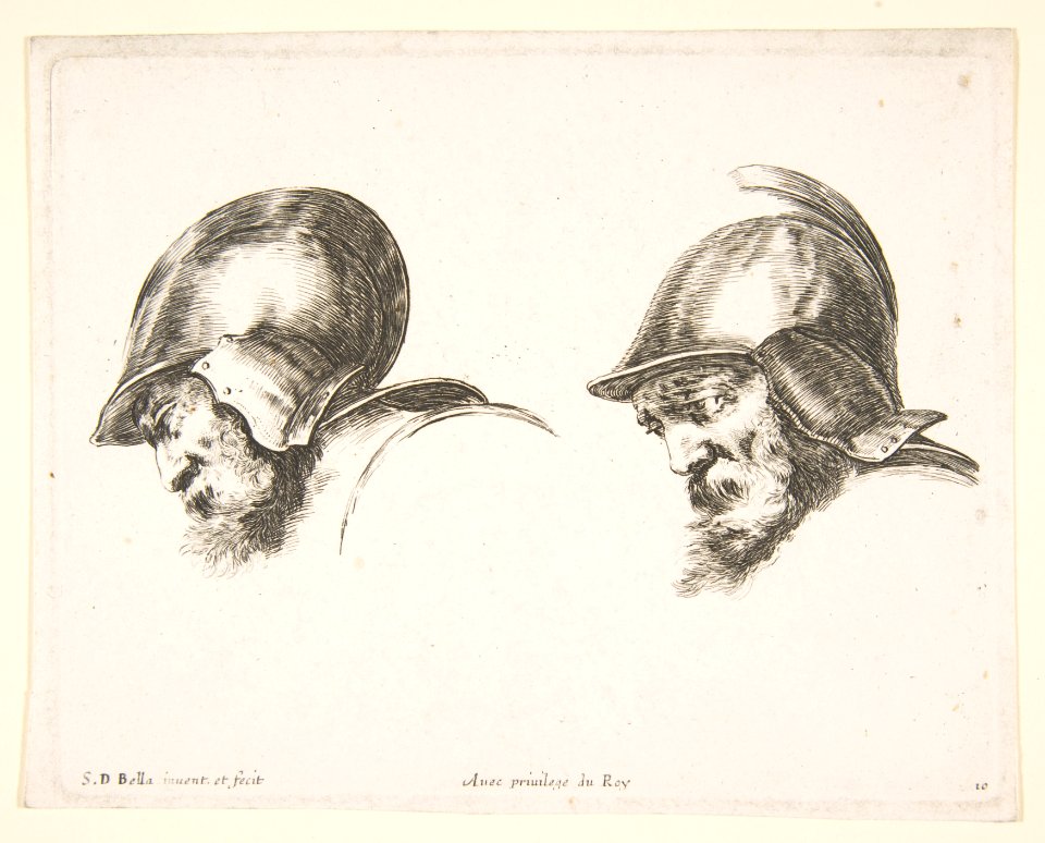 Plate 10- two heads of old soldiers wearing helmets, both facing left and looking downwards, from 'The principles of design' (I principii del disegno) MET DP817796