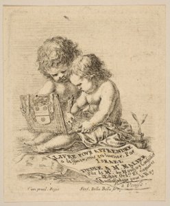 Plate 1- two children sitting on the ground, the child on the right drawing while the child on the left holding the album, the title page from 'The Book for Learning to Draw' (Livre pour apprendre à dessiner) MET DP817853