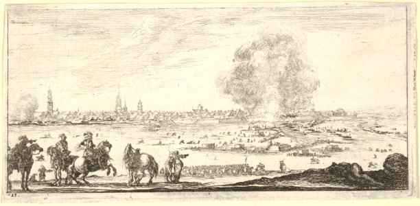 Plate 11- an attack on a city, horsemen in foreground, clouds of smoke and a cityscape in background, from 'Troops, cannons, and attacks on towns' (Dessins de quelques conduites de troupes, canons, et ataques de villes) MET DP833209