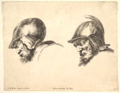Plate 10- two heads of old soldiers wearing helmets, both facing left and looking downwards, from 'The principles of design' (I principii del disegno) MET DP829702
