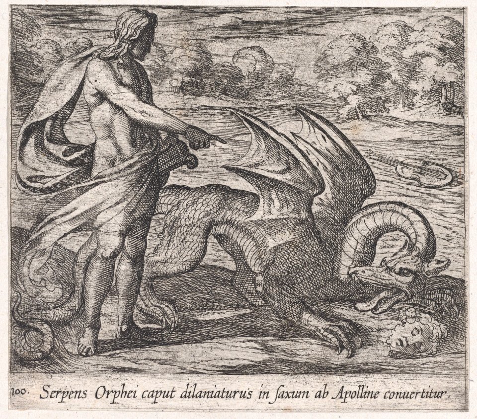 Plate 100- Apollo Killing the Serpent Attacking Opheus's Head (Serpens Orphei caput dilaniaturus in saxum ab Apolline convertitur), from Ovid's 'Metamorphoses' MET DP866553