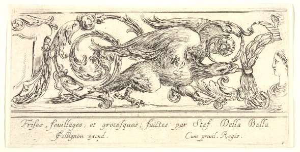 Plate 1- an eagle walking towards the right, a bust of a woman to right turned in profile towards the left, from 'Friezes, foliage, and grotesques' (Frises, feuillages et grotesques) MET DP833489