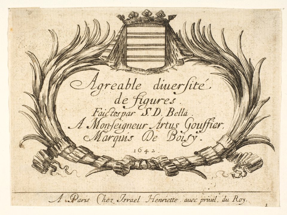 Plate 1- Two palms and a coat of arms frame the title and dedication, title page for 'Various Figures' (Agréable diversité de figures) MET DP817337