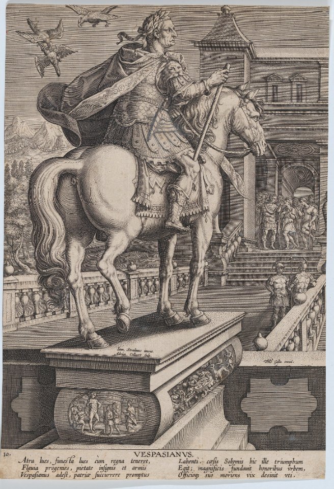 Plate 10- equestrian statue of Vespasian, seen from behind, three birds at upper right with one attacking another, from 'Roman Emperors on Horseback' MET DP877299