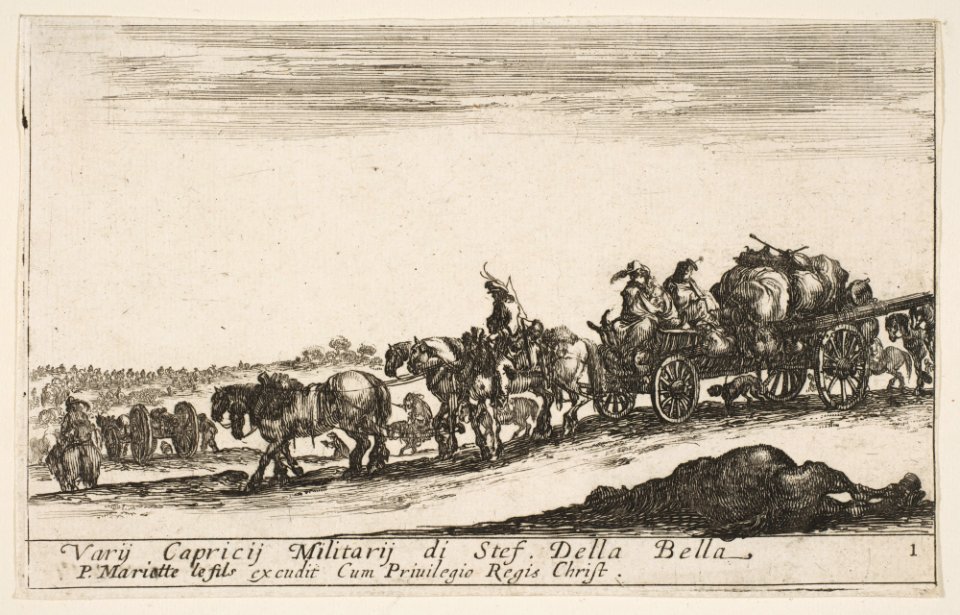 Plate 1- A horse drawn cart carrying people and goods, dead horse in the foreground, from 'Various Military Caprices' (Varii capricci militari) MET DP817417