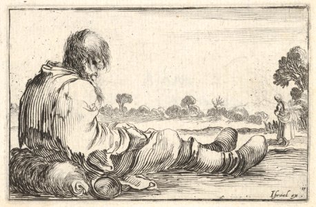 Plate 11- an old man sitting on the ground to left, seen from behind, a peasant woman seen from behind to right in backfround, from 'Caprice faict par de la Bella' MET DP831116