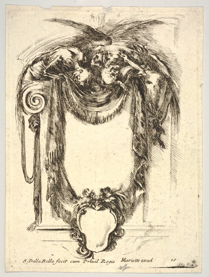 Plate 10- a cartouche formed by drapery and topped with two skeletons atop an Ionic entablature, from 'Nouvelles inventions de Cartouches' MET DP833506