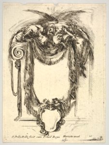 Plate 10- a cartouche formed by drapery and topped with two skeletons atop an Ionic entablature, from 'Nouvelles inventions de Cartouches' MET DP833506