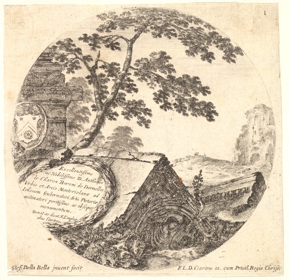 Plate 1- various fragments of ancient monuments, a round composition, from 'Roman landscapes and ruins' (Paysages et ruines de Rome) MET DP828071