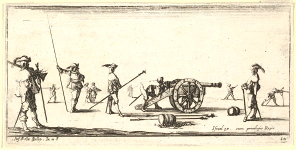 Plate 10- a soldier charging a cannon in center, other soldiers with picks standing at left and right, from 'Troops, cannons, and attacks on towns' (Dessins de quelques conduites de troupes, canons, et ataques de villes) MET DP833208