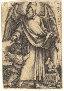 Plate 1- Saint Matthew with his head turned in profile to the left, a cherub at bottom left, from 'The four evangelists' MET DP828548