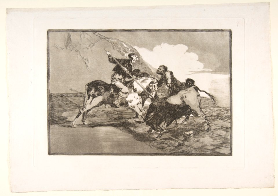 Plate 1 from 'The Tauromaquia'- The way in which the ancient Spaniards hunted bulls on horseback in the open country MET DP817776