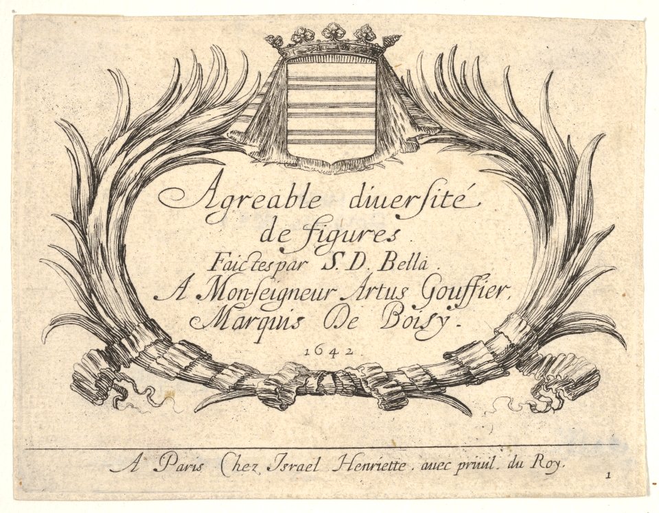 Plate 1- Two palms and a coat of arms frame the title and dedication, title page for 'Various Figures' (Agréable diversité de figures) MET DP833190