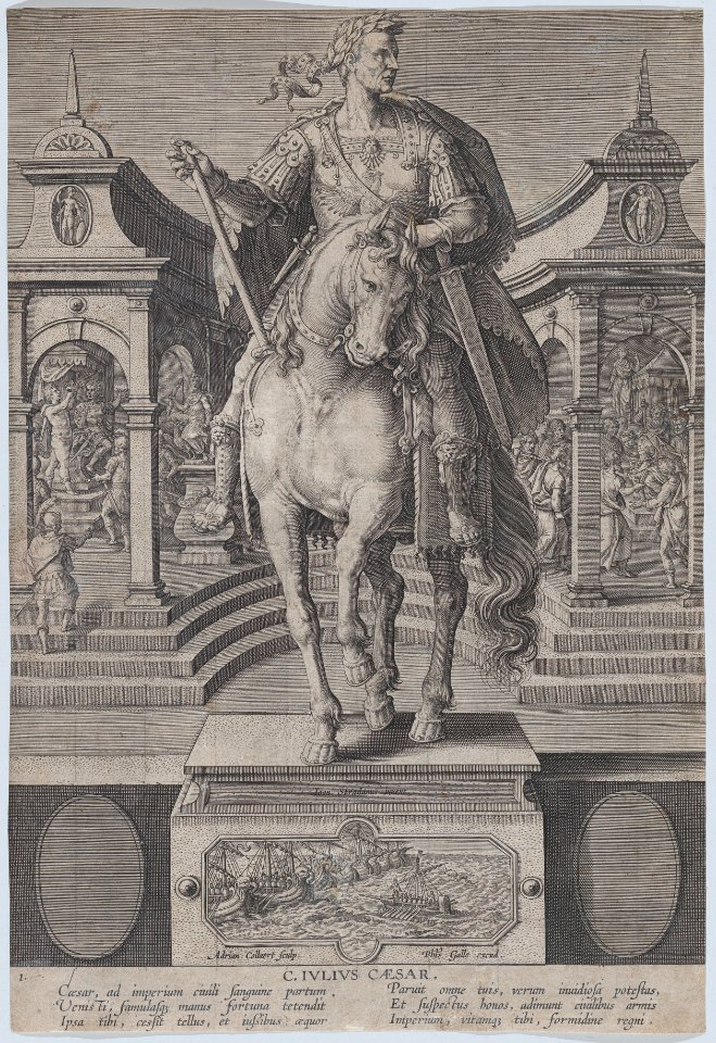 Plate 1- equestrian statue of Julius Caesar, seen from the front, with a scene of a naval battle on pedestal below, from 'Roman Emperors on Horseback' MET DP877290