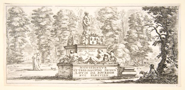 Plate 1- a monument with statues and a coat of arms in the center, a draughstman on the ground beneath a tree to right, two groups of lovers to left in the background, from 'Various landscapes' (Divers paysages) MET DP817810