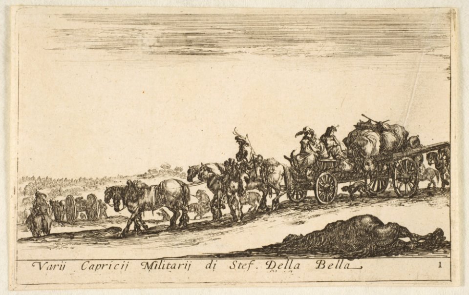 Plate 1- a horse drawn cart carrying people and goods, dead horse in the foreground, from 'Various Military Caprices' (Varii capricci militari) MET DP817585