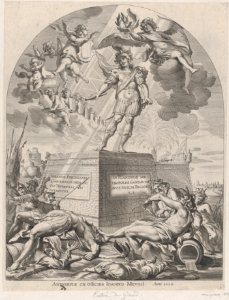 Plate 1- Ferdinand as Mars, standing on a pedestal; from Guillielmus Becanus's 'Serenissimi Principis Ferdinandi, Hispaniarum Infantis...' MET DP874817