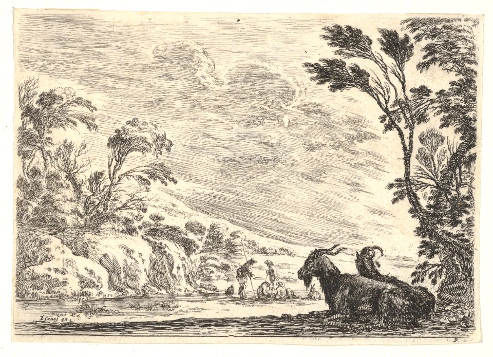 Plate 9- Two goats resting to right, turned towards the left, four men and a horse in a river in the background, from 'Various Figures' (Agréable diversité de figures) MET DP833161