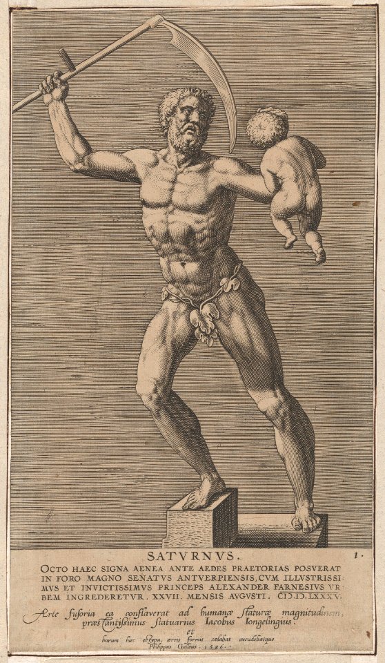 Plate 1- Saturn; statue of the nude god standing on a socle, holding a scythe in his right hand and a child in his left; from 'Statues of Roman Gods' after Jacques Jonghelinck MET DP874724