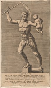 Plate 1- Saturn; statue of the nude god standing on a socle, holding a scythe in his right hand and a child in his left; from 'Statues of Roman Gods' after Jacques Jonghelinck MET DP874724