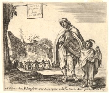 Plate 1- a man sings and plays the hurdy gurdy, accompanied by a boy playing the triangle to right, a group of peasants dancing in a ring to left in background, title page for 'Diversi capricci' MET DP833172