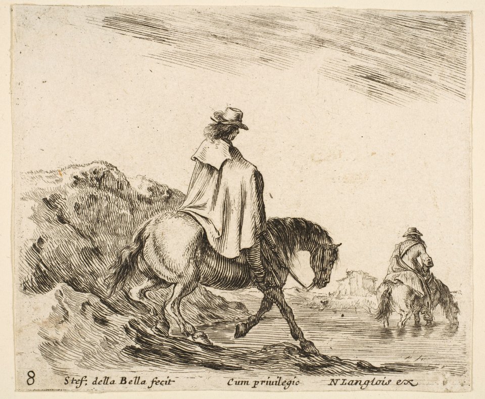 Plate 8- a horseman descends a riverbank, another horseman in river to right, from 'Diversi capricci' MET DP817358