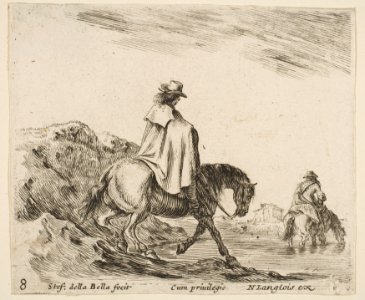 Plate 8- a horseman descends a riverbank, another horseman in river to right, from 'Diversi capricci' MET DP817358