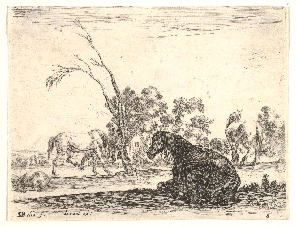 Plate 8- a seated horse to right, seen from behind and turned to the left, three other horses in middleground, a tree in center, from 'Various Figures' (Agréable diversité de figures) MET DP833160