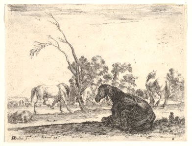 Plate 8- a seated horse to right, seen from behind and turned to the left, three other horses in middleground, a tree in center, from 'Various Figures' (Agréable diversité de figures) MET DP833160