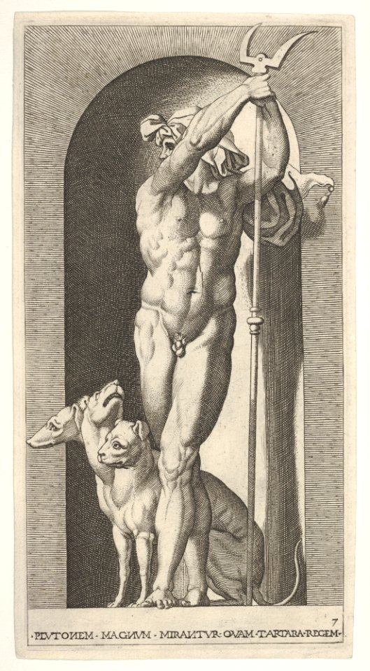 Plate 7- Pluto in a niche, holding a bident, with Cerberus next to him, from a series of mythological gods and goddesses MET DP832201