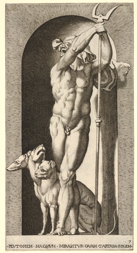 Plate 7- Pluto in a niche, holding a bident, with Cerberus next to him, from a series of mythological gods and goddesses MET DP830883